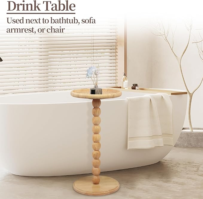 Round Side Table, Solid Wood Small Drink Table for Small Spaces, Boho Rattan End Table for Living Room, Modern Accent Table for Couch, Bedroom, Corners