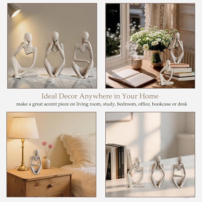 Mingzhang 3pcs Thinker Statue Abstract Art Thinker Figurines Beige Home Decor for Living Room, Office, Coffee Table, Bookshelf Decoration, Housewarming Gifts