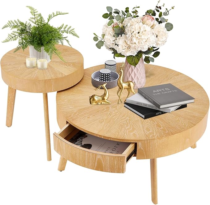 2 Piece Modern Farmhouse Coffee Table Set with Drawer, Boho Round Natural Real Wood Coffee Table for Living Room, Nesting Coffee Side Table Set with Radial Design, Light Brown