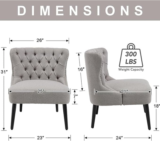 chairus Tufted Slipper Accent Chairs Set of 2, Linen Upholstered Armless Living Room Chairs with Nailhead Trim, Mid-Century Modern Wingback Side Chairs for Bedroom Office Reception, Grey