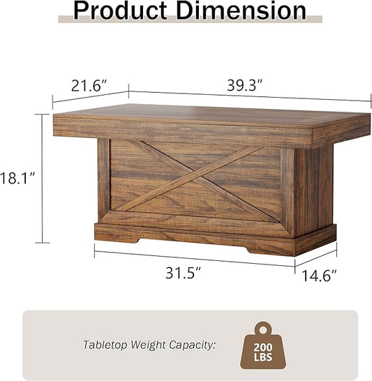 Coffee Table 39 in Rustic Center Table with X-Design Wooden Pedestal for Living Room, Space Saving, Rectangle Home Office Tea Accent Table for Dining Room Apartment, Walnut