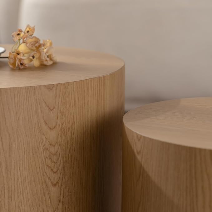 Nesting Coffee Table Set of 2, Modern Round Wooden Circle Accent Coffee Tables for Small Spaces Living Room Bedroom Balcony Office Drum Side Table