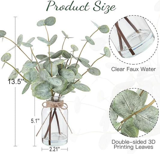 Artificial Eucalyptus Stems in Glass Vase with Faux Water, 13.5” Fake Plants for Home Decor, Coffee Table Centerpieces, Office, Bathroom & Farmhouse Weddings - Faux Greenery Plants Decorations