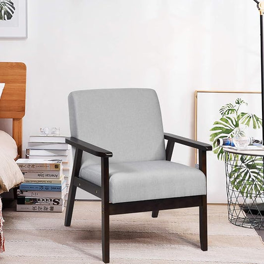Giantex Mid-Century Modern Accent Chair, Retro Fabric Armchair, Solid Hardwood Made, Upholstered Linen Lounge Arm Chair for Living Room (1, Light Grey)