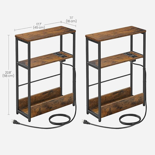 VASAGLE Side Tables with Charging Station, Set of 2 Narrow End Tables, 3-Tier Nightstands, Sofa Tables for Small Spaces, for Living Room, Bedroom, Study, Rustic Brown and Ink Black ULET664K01