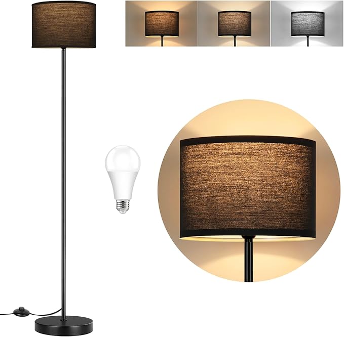TOBUSA 65’’ Black Floor Lamp for Bedroom, Living Room Pole Floor Light with Black Shade, Modern Tall Standing Lamp with 3-Color Changing E26 Bulbs, Minimalist Stand-up LED Floor Lamp with Foot Pedal