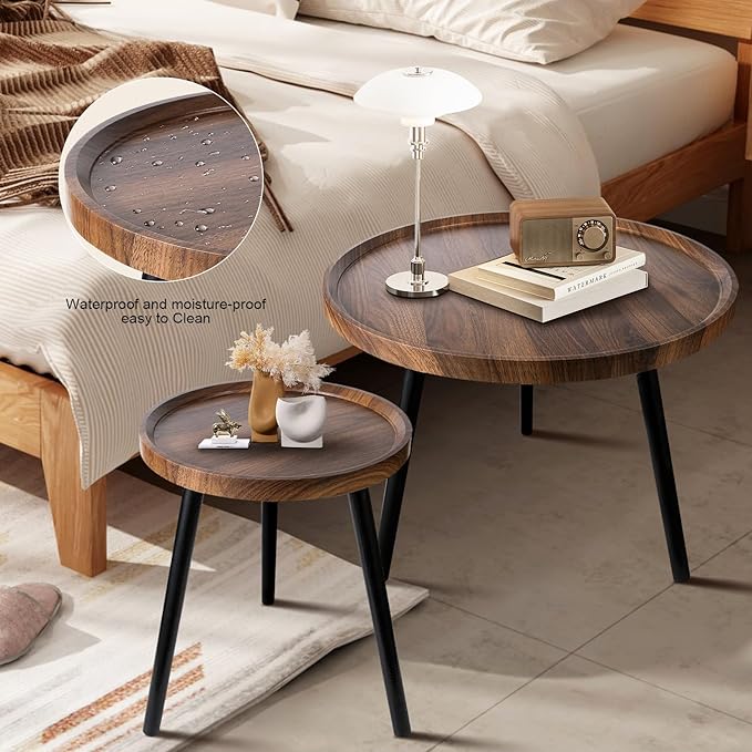 Nesting Coffee Table Set of 2, Modern Round Coffee Tables Nesting Side Table Set, Easy Assembly Nesting Tables for Living Room, Walnut Wood End Tables for Home Office Yard
