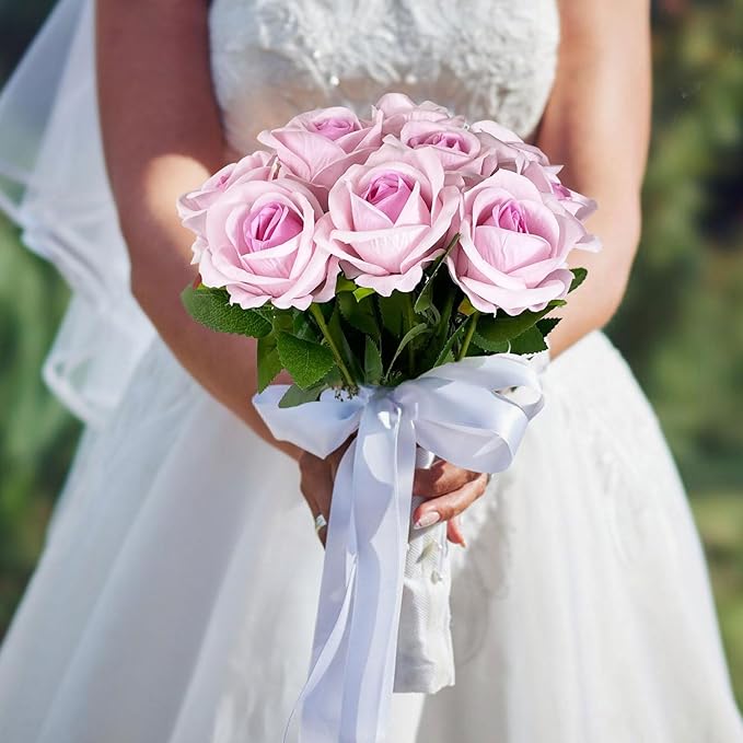 10 PCS Artificial Roses with Long Stems Silk Flowers Realistic Foam Flowers Fake Roses for Valentine's Day Home Wedding Halloween Decor(Light Pink)