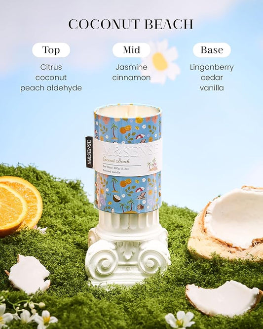 M&SENSE Coconut Beach Scented Candle, Medium Jar Candle 11.3oz Natural Soy Wax for Home Scented, Floral Candles Gift for Spring Holiday, Up to 70 Hours Burning Long-Lasting Fragrance