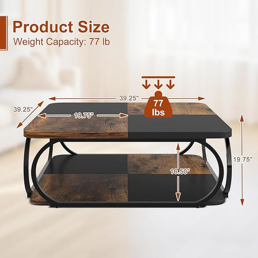 2-Tier Coffee Table with Storage Shelf, 39" Small Square Coffee Table Modern Wooden and Metal Accent Center Sofa Side Tables for Living Room, Brown & Black