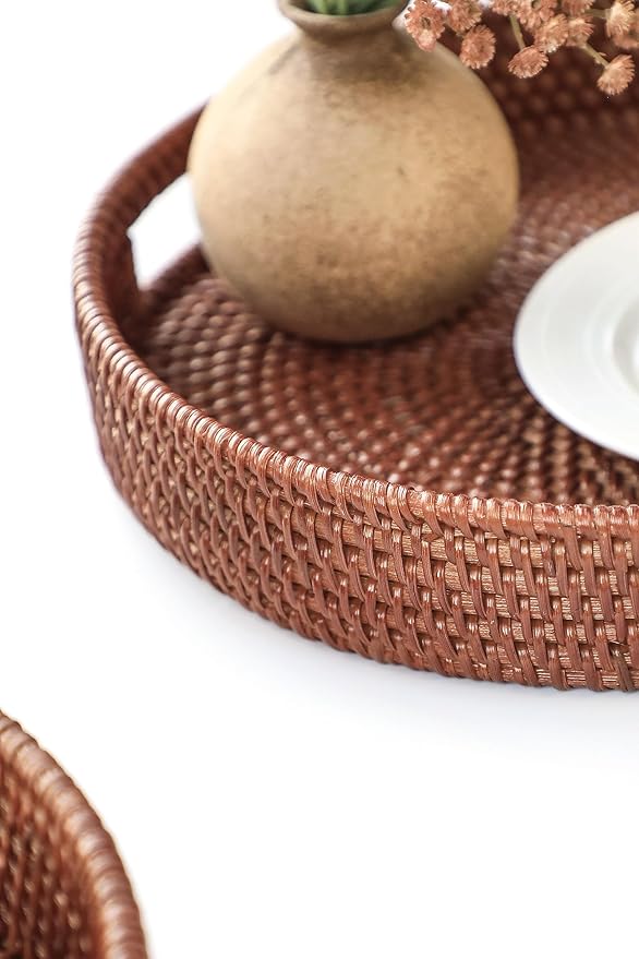 HITOMEN 11.8" Hand-Woven Round Rattan Serving Tray Decorative Wicker Trays with Handles for Coffee Table (Brown-M)