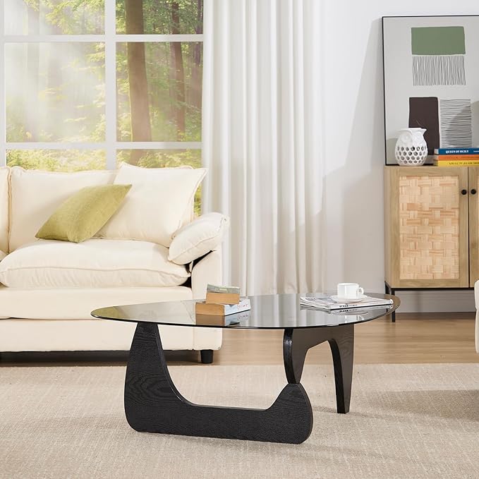 Black Glass Coffee Table, 44.5" Triangle Center Table with Wood Base Abstract Contemporary Coffee Table for Living Room Office Patio, Grey