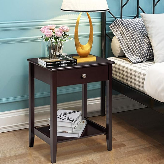 Giantex Nightstand Wooden 2-Tier Couch Sofa Side Table with Drawer, Storage Shelf, Solid Wood Legs,Mufti-Functional Home Furniture for Living Room Bedroom Study Room End Table (1, Brown)