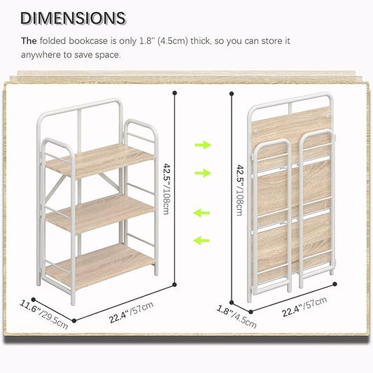 4NM No Assembly Folding Bookshelf, 3 Tiers Collapsible Book Shelves Open Industrial Foldable Storage Bookcase Shelf for Bedroom, Living Room, Home Office - Natural and White