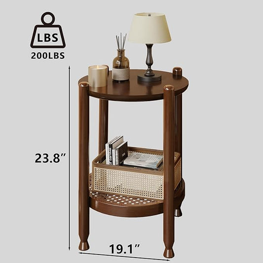NSdirect Round End Table for Living Room, 2-Tier Rustic Wood Center Table for Home Decor with Boho Woven Rattan Storage Shelf | Modern Farmhouse Design, Easy Assembly, Red Brown