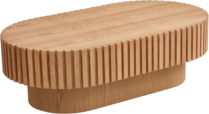 43.7'' Round Coffee Table for Living Room, Oval Coffee Table Modern Handcraft Drum Coffee Table Center Table Wood Small Coffee Table Side Table End Table with Sturdy Pedestal for Apartment,Natural Ash