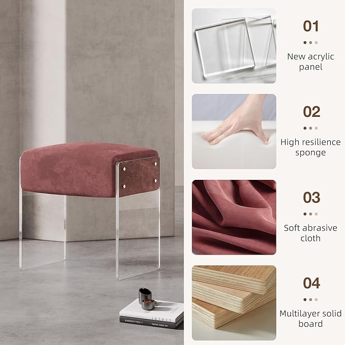 Vanity Stool Chair and Pouf Ottoman-Modern Multifunctional Vanity Stool and Foot Rest with Alcantara and Acrylic Leg for Makeup Room, Living Room, Bedroom