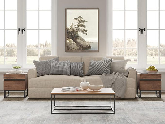 WAMPAT 2 Piece Modern End Table with 2 Drawers, Farmhouse Sofa Table, Wooden Rustic Side Sofa Table with Metal Leg for Living Room, Nighstand for Bedroom, Brown