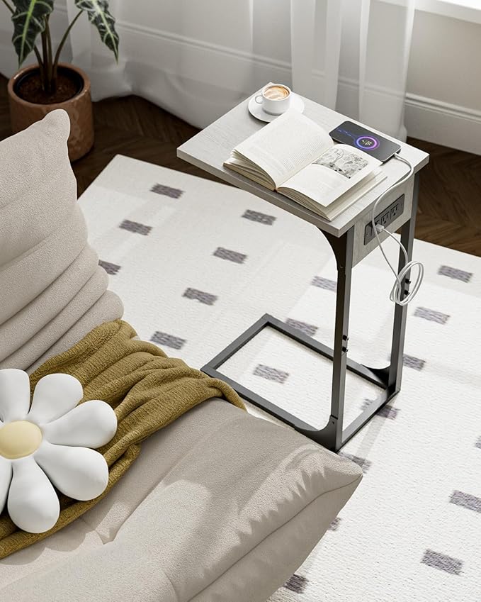 C-Shaped Side Table for Couch - Small Coffee Stand Sofa Tray Desk with Metal Frame Waterproof Scratch Resistant Wood Top and Built-in Charging Station, Greige