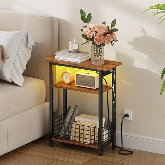 HOOBRO Narrow Side Table with Charging Station and LED Light, Small End Table with Storage, Skinny Nightstand with USB Port, Slim Bedside Table for Small Spaces, Living Room, Rustic Brown BF242UDBZ01