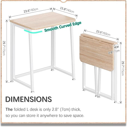 4NM 23.6" Mobile Small Folding Desk, Foldable Rolling Computer Home Office Desk, Study Writing Table for Small Space Saving Bedroom, with Wheels - Natural and White