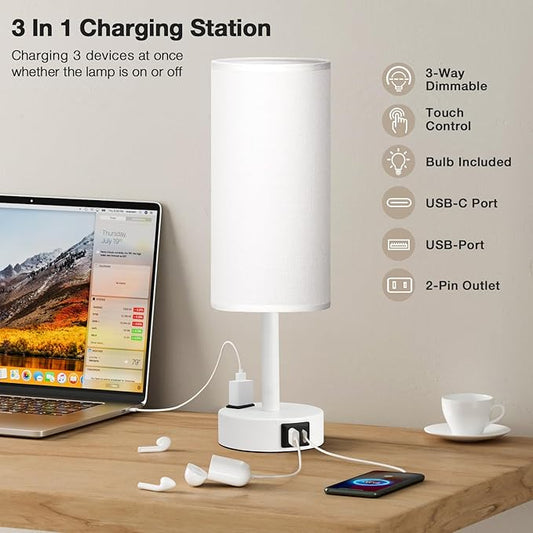 Fenmzee Matte White Bedside Table Lamp for Bedroom - 3 Way Dimmable Touch Lamp USB C Charging Ports and AC Outlet, Small Lamp Round Flaxen Fabric Shade for Living Room, Desk, LED Bulb Included