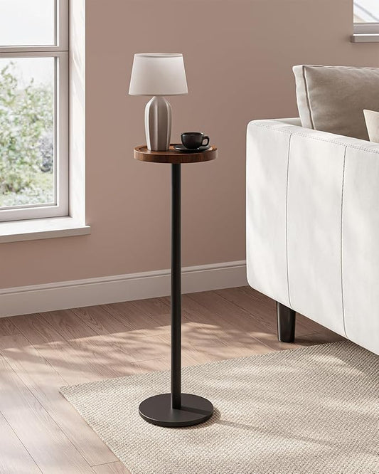 Drink Table, Small Pedestal Side Table, Round Cocktail Table, Circle End Table with Metal Base, for Small Spaces, Walnut Brown & Black
