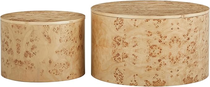 Nesting Coffee Table Set of 2 with Storage,Modern Round Burl Wood Veneer Circle Accent Side Tables for Living Room,Small Space,Bedroom,Balcony,Office,Brown(27.56"+19.69")