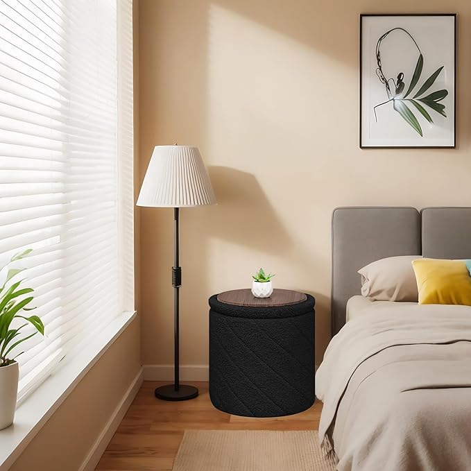 B FSOBEIIALEO Ottoman with Stroage, Boucle Round Storage Ottoman with Tray,Foot Rest Stool for Dorm Room, Living Room Black, 12.99"x12.99"x13.78"