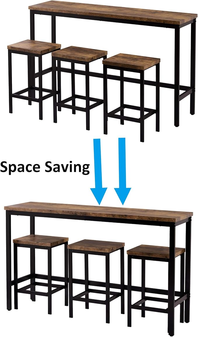 Merax 4 Piece Counter Height Extra Long Dining Pub Kitchen Table Set with 3 Stools, Bar Side-Table with Footrest, Brown