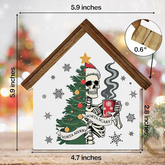 Funny Christmas Skeleton Coffee Bar Decor Sorta Merry Sorta Scary Skull House Shaped Wood Block Sign Xmas Holiday Kitchen Coffee Hot Cocoa Bar Decorations for Desk Table Shelf
