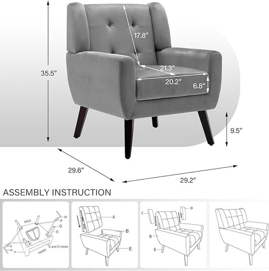 2 Pack Mid Century Modern Accent Chairs, Button Tufted Velvet Upholstered Armchairs with Arms - Matching Set for Living Room, Comfortable Sofa Chairs for Bedroom & Home Office, Compact, Gray