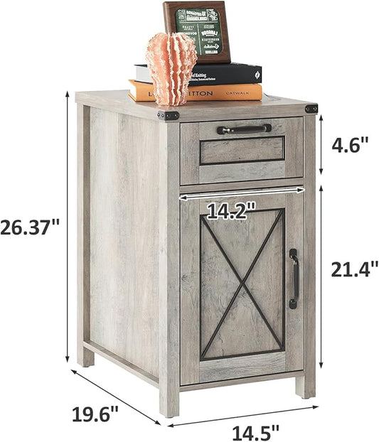 Maupvit End Table with Charging Station, Farmhouse End Table Narrow Side Table for Living Room, Sofa Side Table with Drawer and Storage Cabinet, Small Nightstand for Bedroom (Retro-Grey)