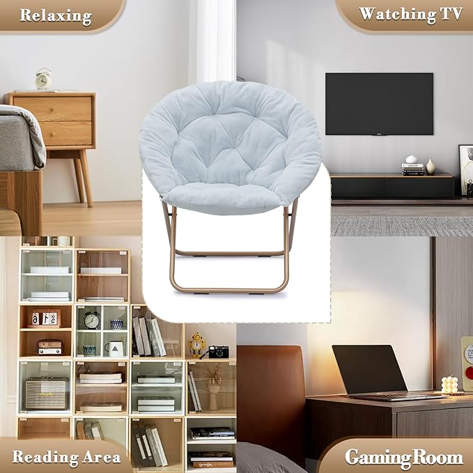 Athena Collection Comfy Saucer Chair Folding Cozy Chair for Bed Room Living Room Accent Chair Faux Fur Reading Chair Foldable Metal Frame Lazy Chair Moon Chair for Adult Set of 2, Blue