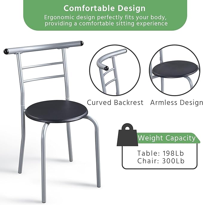 Yaheetech 3-Piece Dining Room Table Set, Kitchen Table & Chair Sets for 2, Compact Table Set w/Steel Legs, Built-in Wine Rack for Breakfast Nook, Small Space, Apartment, Black, 31.5x21x29" (LxWxH)