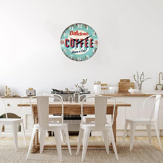 XFM Kitchen Wall Clock 16 inch Blue Coffee Sign Wall Clocks Battery Operated Silent Non Ticking Rustic Wood Clock for Dining Room Bar Cafes Bedroom