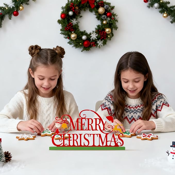 Metal Holiday Table Sign Decor, Decorations Tabletop Centerpiece for Home, Office, Shelf, Tiered Tray, Mantel, Indoor, Merry Christmas