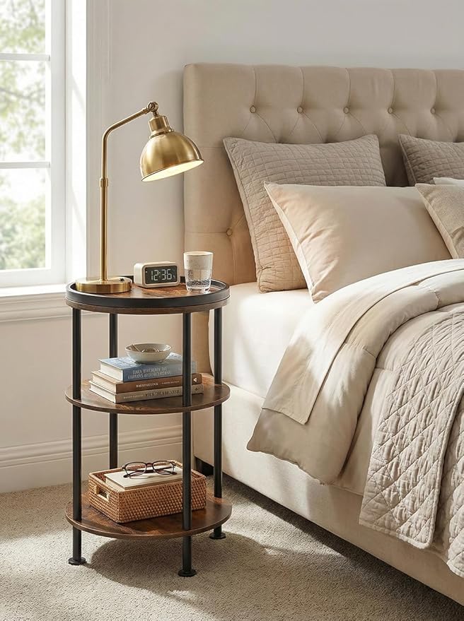 Small Round Side Table with Tray Top (Patented Design), 11.8" Narrow End Table for Small Spaces, 3-Tier Industrial Nightstand, Original Rustic Accent Furniture for Living Room Bedroom, Rustic Brown