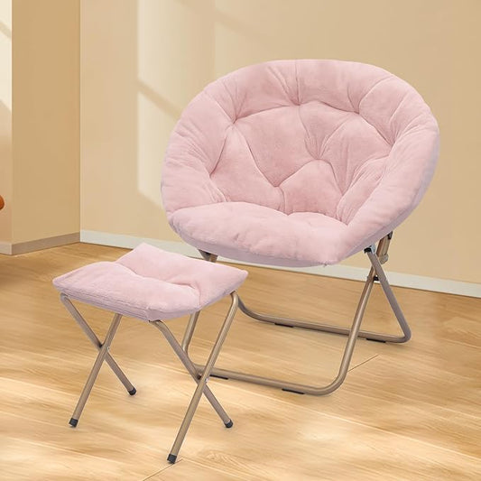 Athena Collection Saucer Chair with Ottoman Comfy Chair for Bed Room Living Room Folding Round Cozy Chair Faux Fur Metal Frame Foldable Lazy Chair Accent Chair Reading Chair Set of 2, Pink