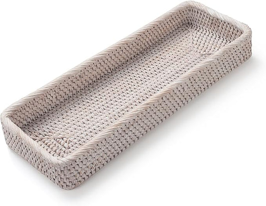 Rattan Bathroom Vanity Trays Toilet Tank Baskets Long Narrow Hand Towel Storage Basket for Storage, Decorative (Whitewash 16.3 x 6.1 x 2 inch)