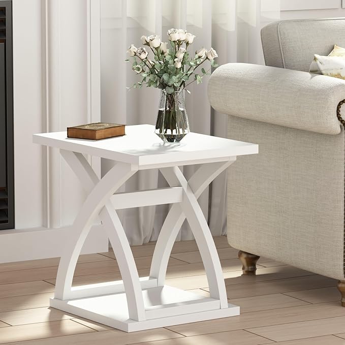 ChooChoo End Side Table, Modern End Table with Storage Shelf, X-Design Side Table Living Room (White)