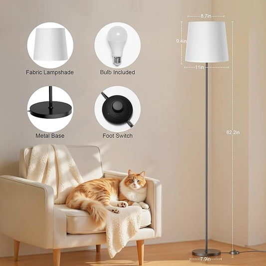 Floor Lamp with White Fabric Shade - Color Chaning Standing Lamp with Foot Switch, 3 Color Temps, 9W E26 LED Bulb Included, 62" Floor Reading Light for Living Room Bedroom Office Corner