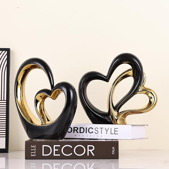 LCCCK Porcelain Double Heart Decor,Black and Gold Sculpture Home Decor for Living Room Entryway Coffee Dining Table Shelves, Wedding Anniversary, Valentine's Gift for Couples & Lovers Modern
