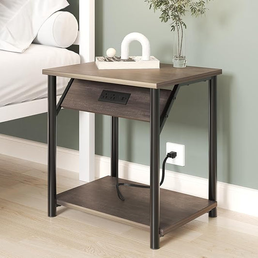 Night Stands Set of 2, Small End Tables with Charging Station, Small Side Tables for Living Room, Bedside Tables with 2-Tier Storage Shelf, Nightstand with Outlets and USB Ports, Rustic Grey/Black