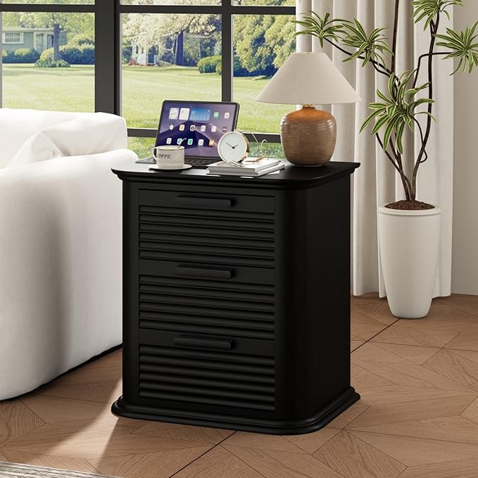 22'' Fluted Nightstand with Charging Station Set of 2, Modern End Table w/ 3 Drawers and Storage, Wood Night Stand with Round Corner, Side Table Dresser for Bedroom, Living Room, Curved Profile,Black
