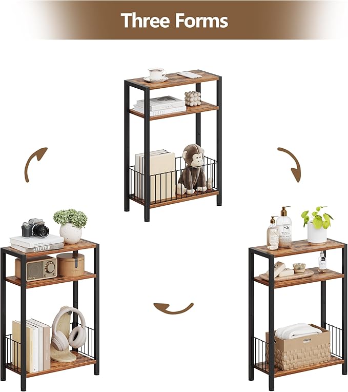 Narrow Side Table with Storage Basket, Small End Table for Small Spaces, Slim Sofa Table for Living Room, 3 Tier Bedside Table for Bedroom, Rustic Brown
