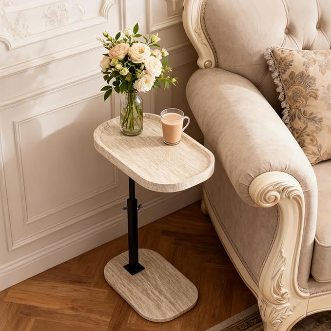 Adjustable C Shaped Side Table, C Table End Tables with Wheels for Sofa, 360° Swivel Sofa Tables for Livingroom,Bedroom,Study and Small Spaces (All White)