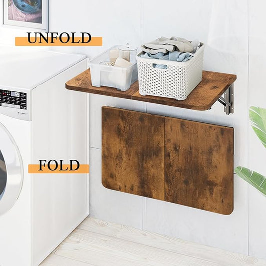 TEAMIX Wall Mounted Folding Table, Rustic Brown Floating Desk for Small Spaces Laundry Shelf with Heavy Duty Brackets Floating Desk for Garage, Utility Room, Kitchen, Laundry Room