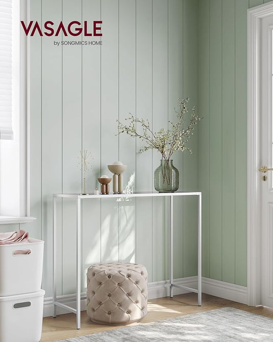 VASAGLE Entryway Table, Console Table, Tempered Glass Tabletop, Modern Sofa Table, Easy Assembly, with Adjustable Feet, for Living Room, Entryway, Pearl White and Slate Gray ULGT026W01