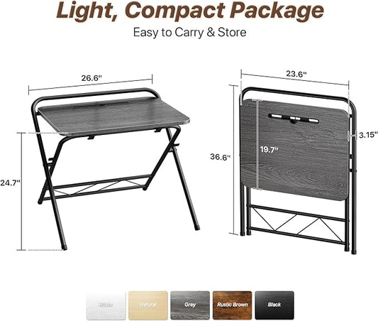 Huuger Folding Desk with 3-Level Adjustable Height and Tablet Slot, 24 Inch Foldable Computer Desk for Small Spaces, Space Saving, Writing Work Table for Home Office, Bedroom, Study, Grey